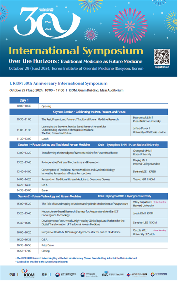  30th Anniversary 1994–2024  International Symposium Over the Horizons: Traditional Medicine as Future Medicine October 29 (Tue.) 2024, Korea Institute of Oriental Medicine (Daejeon, Korea)  [QR 코드] Registration  KIOM 30th Anniversary International Symposium October 29 (Tue.) 2024, 10:00 – 17:00 | KIOM, Guam Building, Main Auditorium  Day 1  10:00~10:30 Opening  Keynote Session – Celebrating the Past, Present, and Future  10:30~11:00 The Rest, Present, and Future of Traditional Korean Medicine Research Byungmook LIM | Pusan National University  11:00~11:30 Leveraging the BraveNet Practice Based Research Network for Understanding The Impact of Integrative Medicine: The Past, Present and Future Jeffery Dusek | University of California – Irvine  11:30~13:00 Lunch  Session 1 – Future Society and Traditional Korean Medicine Chair: Byungcheul SHIN | Pusan National University  13:00~13:20 Transforming the Paradigm of Korean Medicine for Future Healthcare Changsub UHM | Korea University  13:20~13:40 Postoperative Delirium: Mechanisms and Prevention Dang Ma | Imperial College London  13:40~14:00 Convergence of Traditional Korean Medicine and Synthetic Biology: Innovative Research and Future Perspectives Daehee LEE | KRIBB  14:00~14:20 Research on Traditional Korean Medicine to Overcome Disease Taesoo KIM | KIOM  14:20~14:35 Q&A  14:35~15:00 Break  Session 2 – Future Technology and Korean Medicine Chair: Kyungmo PARK | Kyunghee University  15:00~15:20 The Role of Neuroimaging in Understanding Brain Mechanisms of Acupuncture Claudia Witt | Harvard University *online recording  15:20~15:40 Neuroscience-based Research Strategy for Acupuncture Meridian-ICT Convergence Technology Jeauk KIM | KIOM  15:40~16:00 Development of AI-ready, High-quality Clinical Big Data Platform for the Digital Transformation of Traditional Korean Medicine Sanghun LEE | KIOM  16:00~16:20 Integrative Health & AI: Strategic Approaches for the Future of Medicine Claudia Witt | University of Zurich *online recording  16:20~16:35 Q&A  16:35~16:55 Prize Draw  16:55~17:00 Closing  *The 2024 KIOM Research Networking Day will be held simultaneously (Venue: Guam Building, in front of the Main Auditorium) *Lunch will be provided to the symposium participants  주최 | KIOM 한국한의학연구원 후원 | 과학기술정보통신부, 한국한의학연구원, 한국한의학회, NST 과학기술연구회, 한국보건산업진흥원 