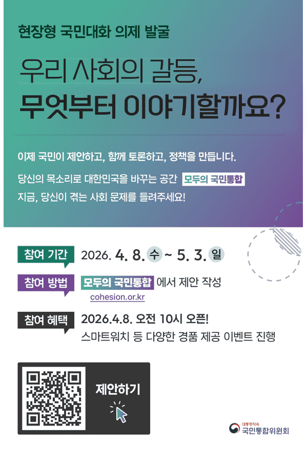 현장형 국민대화 의제 발굴. 우리 사회의 갈등, 무엇부터 이야기할까요? 이제 국민이 제안하고, 함께 토론하고, 정책을 만듭니다. 당신의 목소리로 대한민국을 바꾸는 공간 모두의 국민통합. 지금, 당신이 겪는 사회 문제를 들려주세요! 참여 기간: 2026년 4월 8일 수요일부터 5월 3일 일요일까지. 참여 방법: 모두의 국민통합 홈페이지 cohesion.or.kr 에서 제안 작성. 참여 혜택: 2026년 4월 8일 오전 10시 오픈, 스마트워치 등 다양한 경품 제공 이벤트 진행. 하단 좌측: 제안하기 QR코드와 연결 링크 주소 https://cohesion.or.kr 하단 우측: 대통령직속 국민통합위원회 로고.